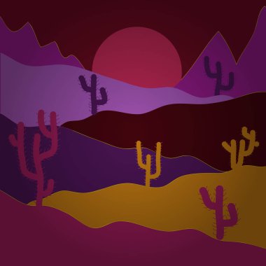 Vektör çizim. Modaya uygun yazdırma. Arka plan kaktüsler mor, kırmızı ve turuncu renkler ile.