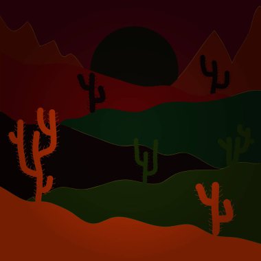 Gri, turuncu ve siyah renkler manzara. Çöller ve kum tepeleri manzaraya gündoğumu. Kompozisyon. Vektör çizim.