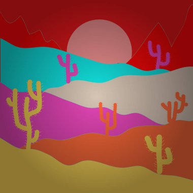 Düz tasarım stili. İllüstrasyon kırmızı, sarı ve pembe renkler. Vektör çizim. Çöl manzara kaktüs ve dağ içinde belgili tanımlık geçmiş.