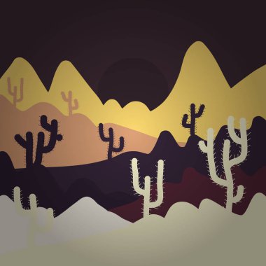 Teksas manzara çöl. Çizgi film çöl road, kaktüsler ve rock Dağları ile vektör. Kompozisyon. İllüstrasyon kahverengi, bej ve sarı renkler.