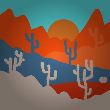 Vektör. Suluboya resim turuncu, mavi ve bej renkli arka plan üzerinde. Dağ manzara panoramik görünüm Sunset'teki zirveleri. Güzel kayalar ve turuncu, mavi, bej kum çöl, dune büyük boyutlarda.