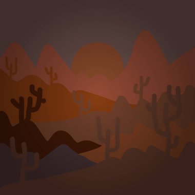 Kompozisyon. Teksas manzara çöl. Çizgi film çöl road, kaktüsler ve rock Dağları ile vektör. İllüstrasyon kahverengi renkler.