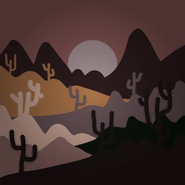 Güzel taş, Kum Çölü, dune büyük boyutlarda. İllüstrasyon kahverengi, pembe ve gri arka plan üzerinde boyama suluboya elle çizilmiş. Vektör. Dağ manzara zirveleri Sunset'teki panoramik görünüm.