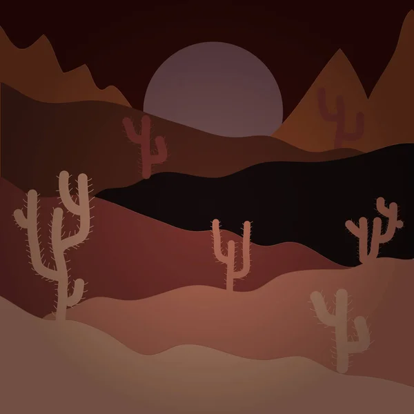 Desert texas landscape. Vector cartoon desert with road, cactuses and rock mountains. Composition. Illustration on brown, pink and black colors.