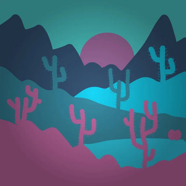 手には ベクター グラフィックが描画されます サボテンと南米の砂漠のスケッチ ブルー ピンク バイオレット色の草原風景 — ストックベクタ