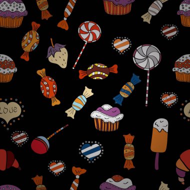 Vektör. Şirin el çekilmiş tatlı illüstrasyon seamless modeli siyah, turuncu ve beyaz arka plan ile.