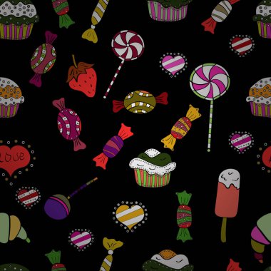 Şekerci dükkânı. Sorunsuz. Tatlılar ve mumlar, çizimler. Vektör çizim.