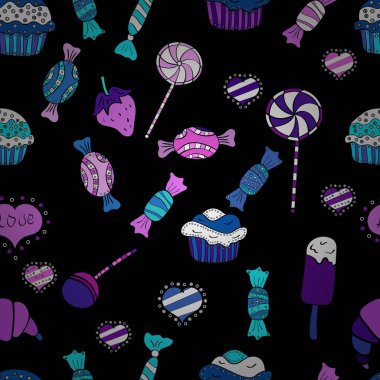 Vektör çizim. Şekerci dükkânı. Tatlılar ve mumlar, çizimler. Sorunsuz.