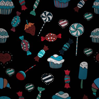 Parlak sorunsuz vektör konfeti model parti. Siyah, mavi ve beyaz arka plan üzerinde renkli şeker serpin, şeker veya fırın tasarım.