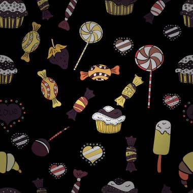 Dikişsiz desen suluboya tatlılar şekerlemeler ile elle çizilmiş bir siyah, sarı ve beyaz arka plan üzerinde izole. Vektör çizim.