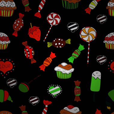 Siyah, kırmızı ve beyaz arka plan üzerinde şeker ile Noel vektör seamless modeli. Yeni yıl vektör çizim. Noel hediyeleri için kağıt ambalaj.