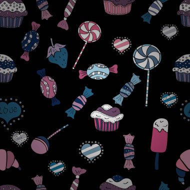 Parlak sorunsuz vektör konfeti model parti. Siyah, mavi ve beyaz arka plan üzerinde renkli şeker serpin, şeker veya fırın tasarım.