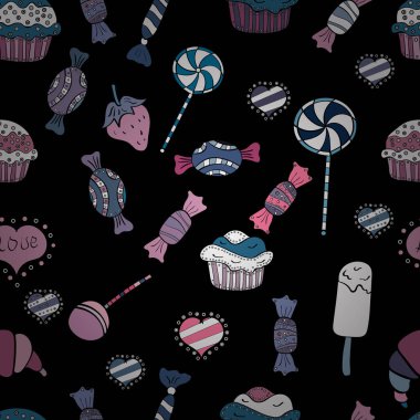 İlginç, Soyut El çekilmiş sorunsuz vektör şeker desen. Cadılar Bayramı davranır siyah, mavi ve beyaz arka plan üzerinde renkli, retro el resimli.