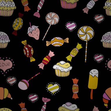 Siyah, sarı ve beyaz renkler. Vektör. Renkli şeker seamless modeli.