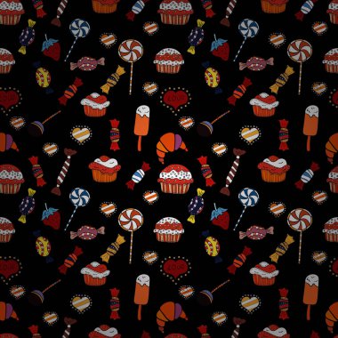 Dikişsiz desen suluboya tatlılar şekerlemeler ile elle çizilmiş bir siyah, kırmızı ve beyaz arka plan üzerinde izole. Vektör çizim.