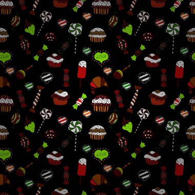 Vektör. Siyah, kahverengi ve beyaz arka plan ile şirin el çekilmiş tatlı illüstrasyon seamless modeli.