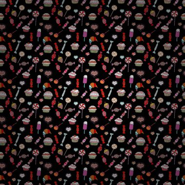 İlginç, Soyut El çekilmiş sorunsuz vektör şeker desen. Cadılar Bayramı davranır bir siyah, beyaz ve tarafsız arka plan üzerinde renkli, retro el resimli.