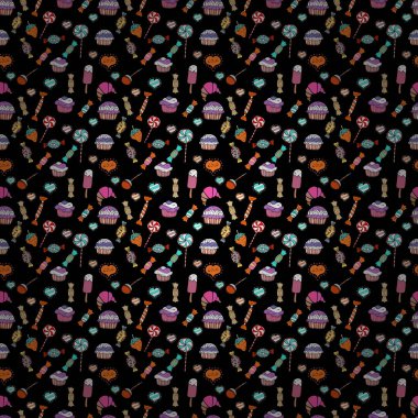 Vektör. Sevimli çizgi renkli kesintisiz vektör desenle şeker ve pamuk helva. Siyah, beyaz ve turuncu renkleri üzerinde şekerler.