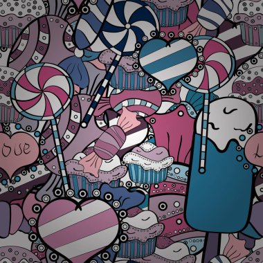 Parlak sorunsuz vektör konfeti model parti. Beyaz, siyah ve mavi arka plan üzerinde renkli şeker serpin, şeker veya fırın tasarım.