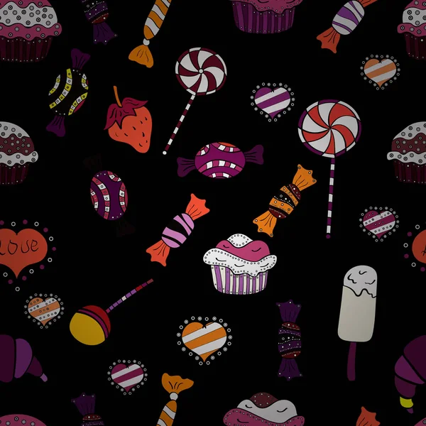 Nahtlos Süßwarenladen Vektorillustration Süßigkeiten Und Kerzen Strichzeichnungen — Stockvektor