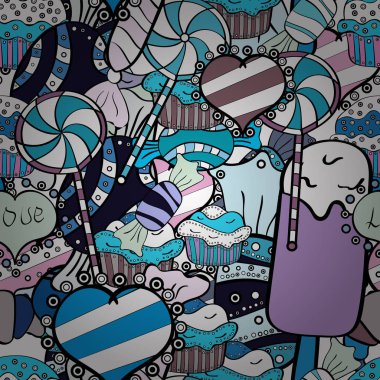 Dikişsiz desen beyaz, siyah ve mavi renkler tatlı şeker. Vektör çizim.