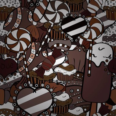 Sorunsuz şekerler. Düz stil vektör çizim. Oyun, kartpostal, davet ve web tasarımı için. Kahverengi, beyaz ve siyah arka plan üzerine şeker.