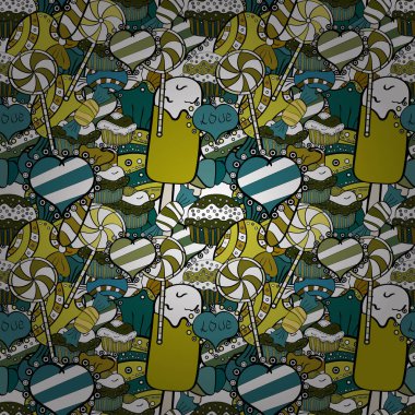 İlginç, Soyut El çekilmiş sorunsuz vektör şeker desen. Cadılar Bayramı davranır beyaz, yeşil ve siyah arka plan üzerinde renkli, retro el resimli.