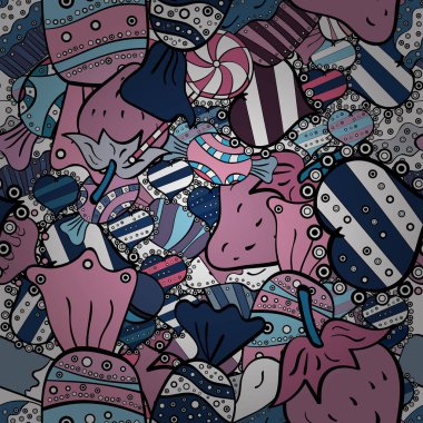 İlginç, Soyut El çekilmiş sorunsuz vektör şeker desen. Cadılar Bayramı davranır mavi, siyah ve beyaz arka plan üzerinde renkli, retro el resimli.