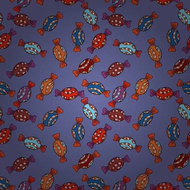 Şeker soyut geometrik tarzı ile renkli seamless modeli. Trendy vektör arka plan. Mavi, turuncu, siyah ve kırmızı renkleri.