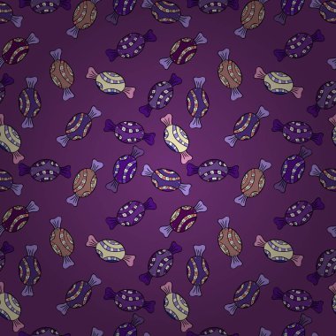 Şeker vektör doodle. Suluboya tatlılar şekerlemeler ile Seamless modeli. Mor, mor, siyah ve pembe renkler.