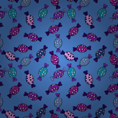 Parlak sorunsuz vektör konfeti model parti. Mavi, mor, siyah ve mor arka plan üzerinde renkli şeker serpin, şeker veya fırın tasarım.