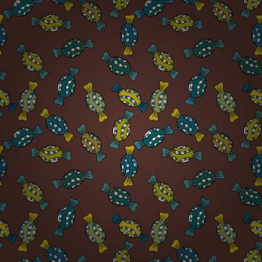 Renkli şeker dizayn kahverengi, mavi, yeşil, siyah ve sarı zemin üzerine serpin, şeker veya fırın. Parlak sorunsuz vektör konfeti model parti.