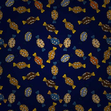 İlginç, Soyut El çekilmiş sorunsuz vektör şeker desen. Cadılar Bayramı davranır mavi, siyah ve sarı bir arka plan üzerinde renkli, retro el resimli.