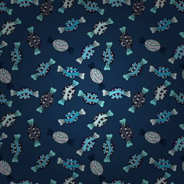 Oyun, kartpostal, davet ve web tasarımı için. Mavi, siyah ve tarafsız arka plan üzerinde şeker. Düz stil vektör çizim. Sorunsuz şekerler.