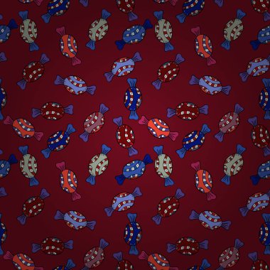 Kırmızı, siyah, mavi, menekşe ve gri arka plan ile şirin el çekilmiş tatlı illüstrasyon seamless modeli. Vektör.