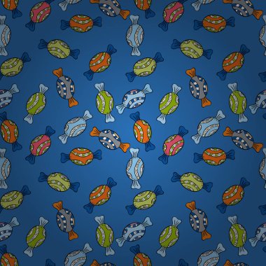 Vektör. Mavi, siyah ve yeşil arka plana sahip şirin el çekilmiş tatlı illüstrasyon seamless modeli.