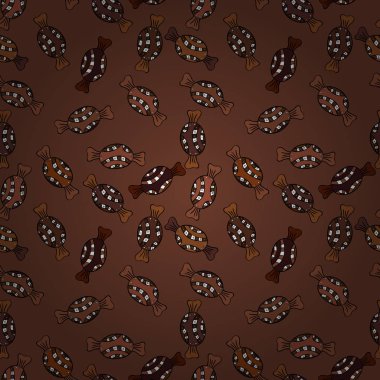 İzole. Vektör çizim. Kahverengi, siyah ve beyaz arka plan üzerinde sevimli ve renkli şeker tatlı seamless modeli. Kahverengi, siyah beyaz versiyonu.