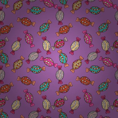 Mor ve turuncu siyah arka plan ile şirin el çekilmiş tatlı illüstrasyon seamless modeli. Vektör.