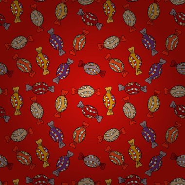 Renkli, retro el Cadılar Bayramı davranır bir kırmızı, siyah ve turuncu zemin üzerine resimli. İlginç, Soyut El çekilmiş sorunsuz vektör şeker desen.