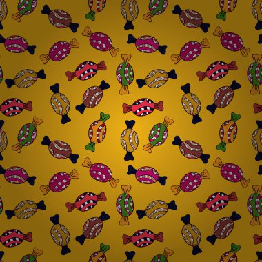 Trendy vektör arka plan. Sarı, siyah, turuncu, gri ve kırmızı renkler. Şeker soyut geometrik tarzı ile renkli seamless modeli.