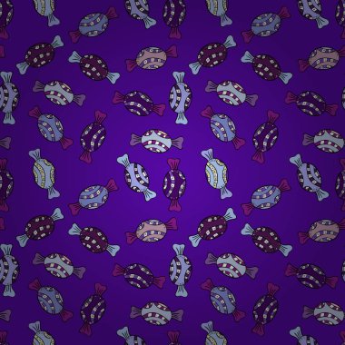 Tekstil, kartlar, için tatlı web tasarım: lezzetli gerçekçi seamles arka plan: grafik fantastik şeker. Menekşe, mor ve siyah şeker ile vektör seamless modeli.