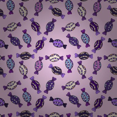 Tarafsız, mor, siyah, bej ve beyaz renkler. Şeker vektör doodle. Suluboya tatlılar şekerlemeler ile Seamless modeli.