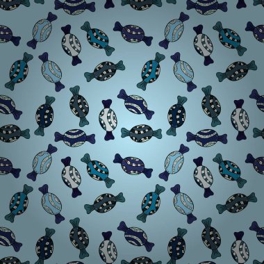 İzole. Tarafsız, mavi, siyah, gri ve menekşe sürüm. Vektör çizim. Sevimli ve renkli şeker tatlı seamless modeli tarafsız, mavi, siyah, gri ve mor zemin üzerine.