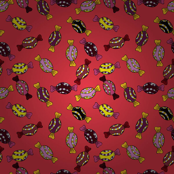 Quirky, abstract hand drawn seamless vector candy pattern. Colorful, retro hand illustrated Halloween treats on a pink, black and yellow background.