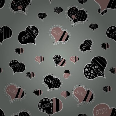 Kalpleri ile Seamless modeli. Aşkımız büyülüdür. Vektör çizim. Çizgi film kalpleri sevgi sevimli arka planda gri, siyah, tarafsız ve beyaz renkler. Aşk kartı.