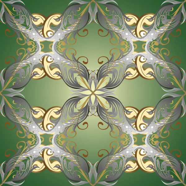 Patrón Ornamental Floral Barroco Vintage Oro Sobre Verde Gris Neutro — Archivo Imágenes Vectoriales