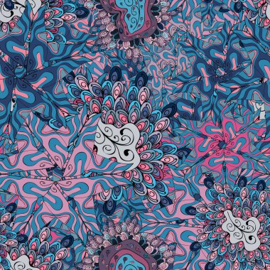 Vektör. Dikişsiz desen baskı. Mavi, pembe ve siyah renkler üzerinde karalamalar. Moda kumaş deseni. #Abfhu