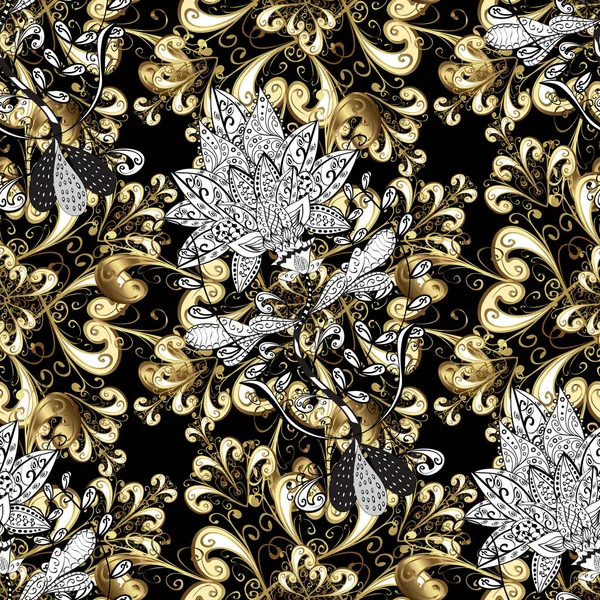 Damasthintergrund Goldenes Element Auf Schwarz Weiß Und Beige Goldflorales Ornament — Stockvektor