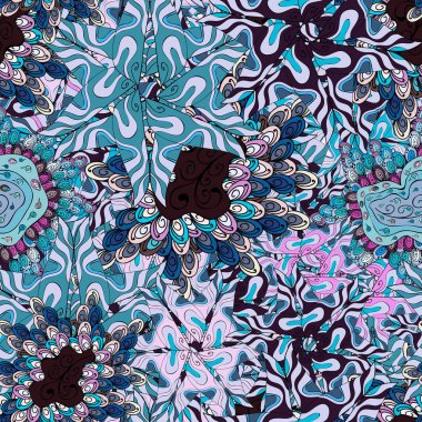 Yazdırın. Moda kumaş deseni. Tarafsız, mavi ve siyah renkler doodles. Vektör. Tasarım ve hediye paketleme kağıt, tebrik kartları, afiş ve posterler tasarım.