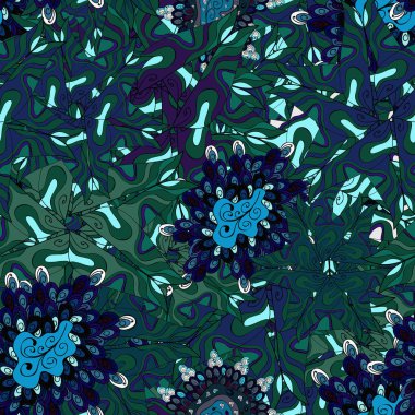 Şık kumaş deseni. Sorunsuz karalamalar mavi, yeşil ve siyah renkler. Vintage. Vektör.